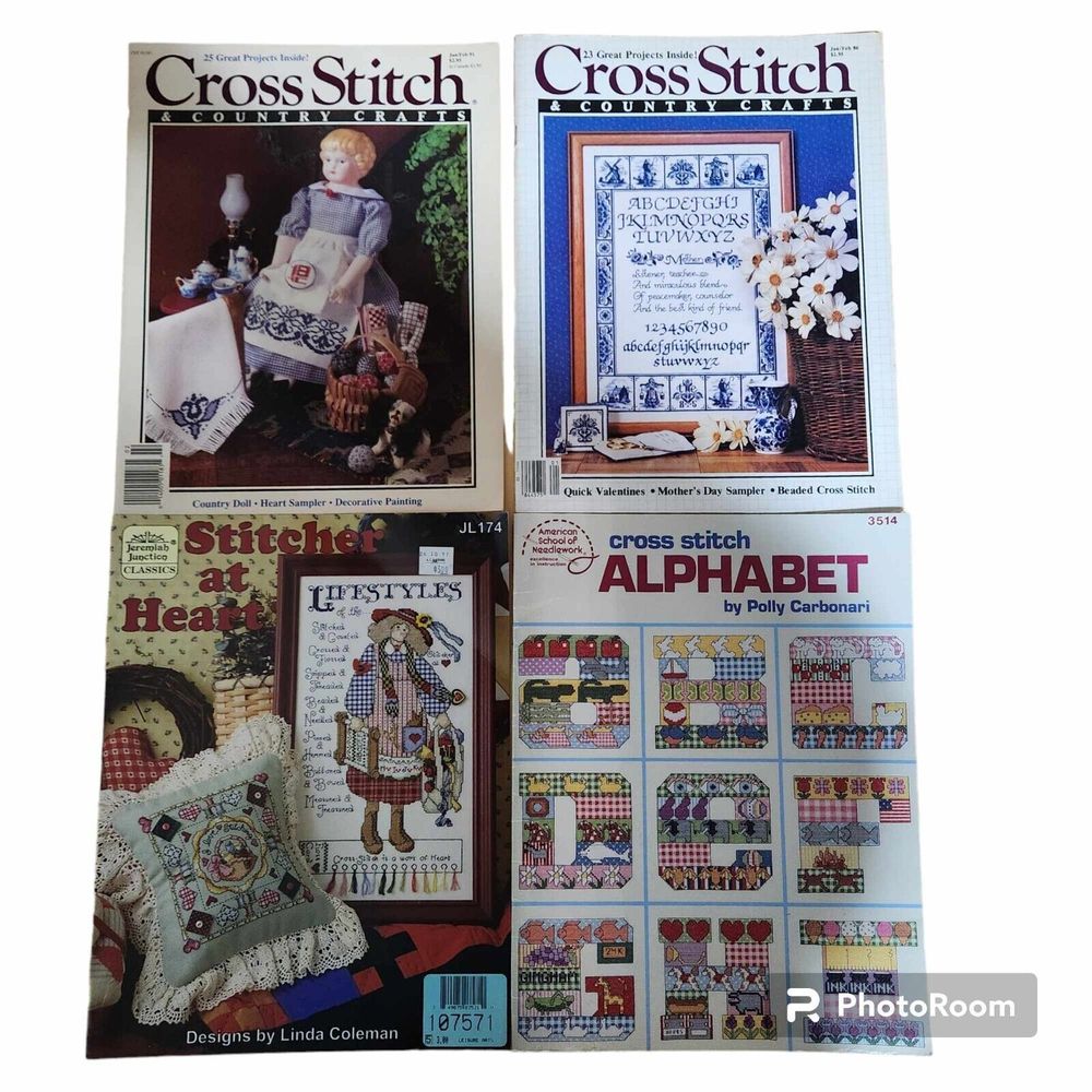 Lot of 4 Primitive Country Cross Stitch Pattern Booklets Dolls Pillows Samplers